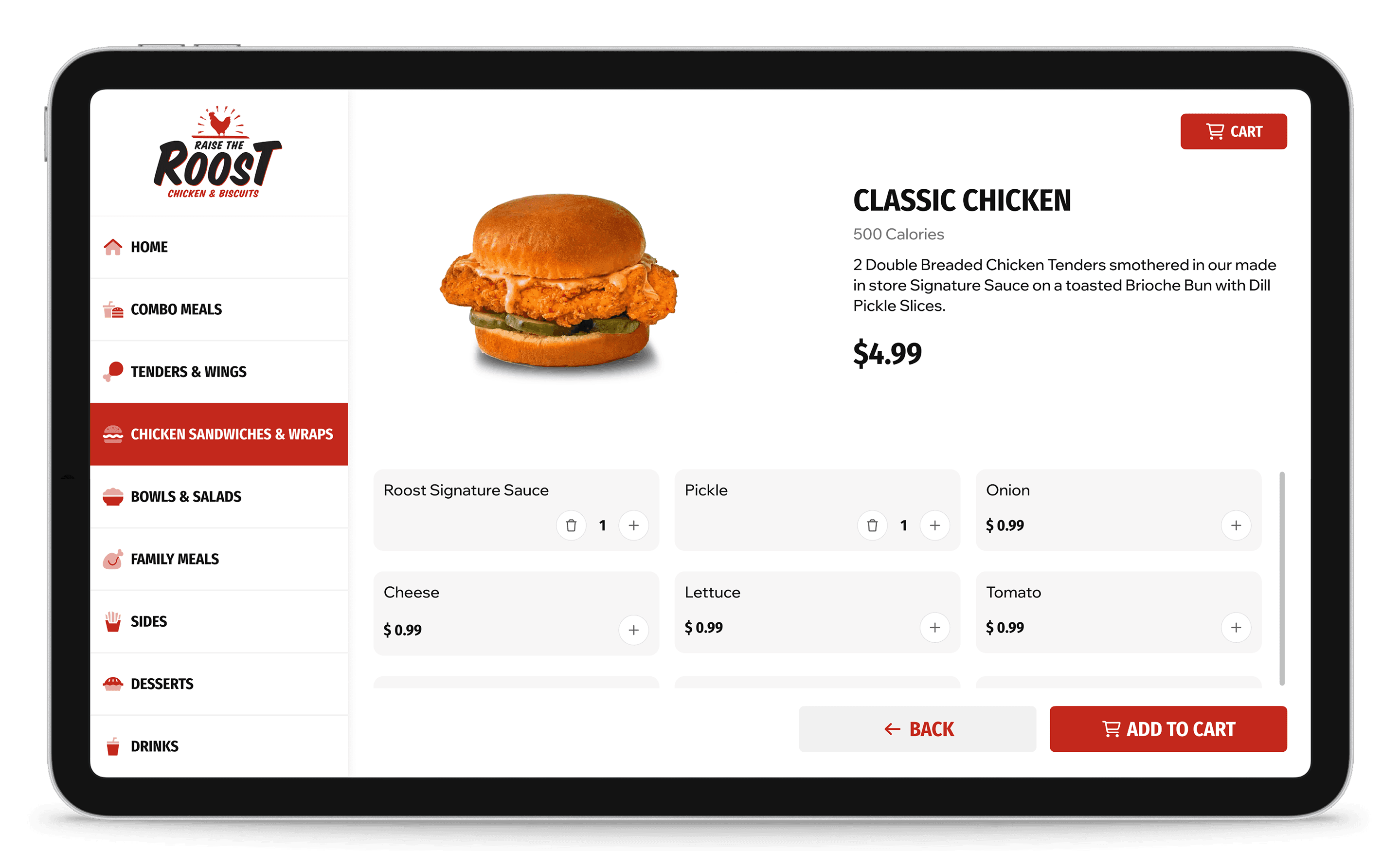Raise the Roost kiosk product detail screen for a classic chicken sandwich