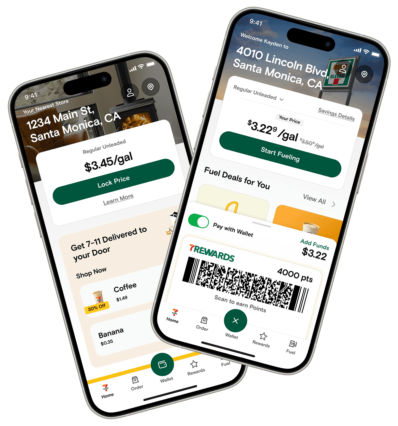 Redesigned 7-Eleven home screens showing fuel prices and rewards wallet