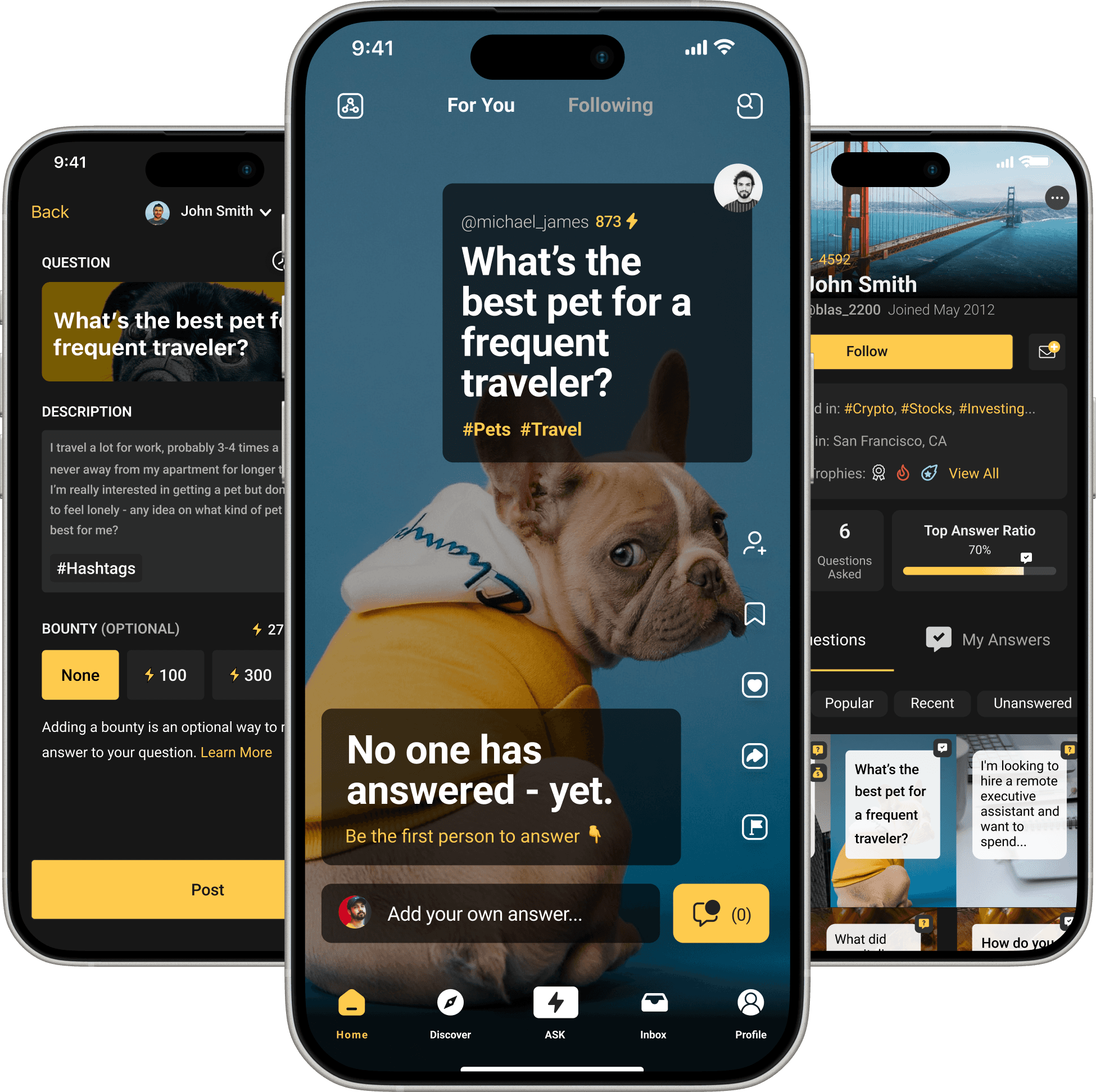 Solvr app screens showing question browsing, answering, and user profiles